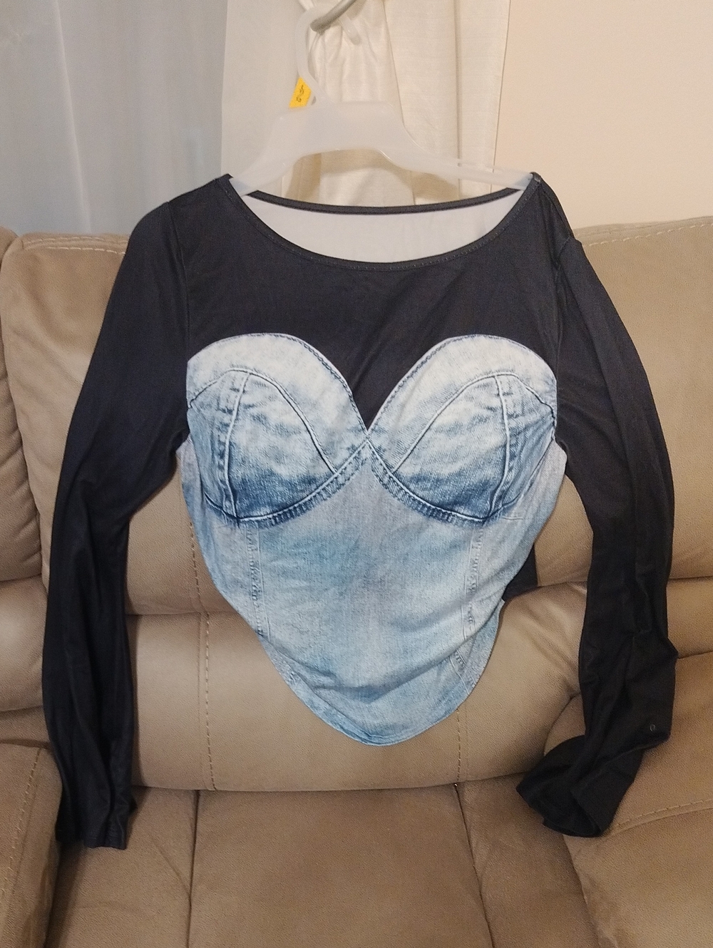 SHEIN Black Long Sleeve Top with Light Blue Denim Bust Print